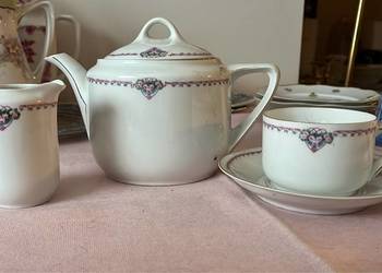 Filiżanka. Śnieżnobiała porcelana z kwiatkami różyczek. Złocona. Syg. numer