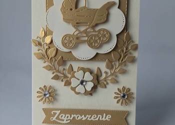 ZAPROSZENIA CHRZEST ŚWIĘTY WÓZEK W SERWETCE LIŚCIE C6 ZŁOTO - ECRI