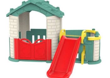 Domek ogrodowy dla dzieci ze zjeżdżalnią i ogródkiem