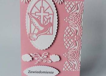 ZAWIADOMIENIA KOMUNIA GOŁĄB W WITRAŻU RAMKA OZDOBNA B6 RÓŻ - BIEL