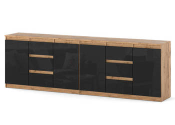 Komoda 6 Szuflad Szafka Do Salonu Nowoczesna 240cm Dąb Wotan Czarny Połysk