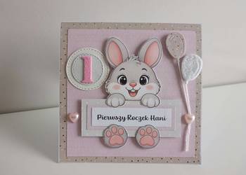 Personalizowana kartka urodzinowa roczek ręcznie robiona króliczek