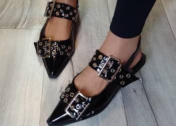 (40/41) Czarne baleriny wieczorowe z odkrytą piętą, NOWE