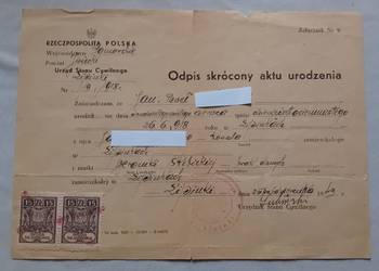 Odpis skrócony aktu urodzenia. USC Lipinki, woj. pomorskie, 1949 r.