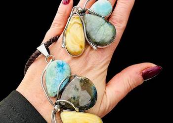 komplet unikatowy srebro 925 bursztyn bałtycki labradoryt larimar