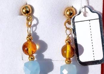 KOLCZYKI STAL SZLACHETNA SZTYFTY BURSZTYN KAMIEŃ AKWAMARYN UNIKAT PUDEŁKO