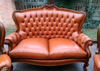 Sofa LUDWIK 2-osob.Rzeźbiona Skóra Antyk Stan BDB