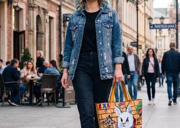 Duża torba szoperka ręcznie malowana – stan idealny | 100% skóra naturalna