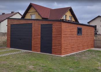 Garaż Blaszany spad na bok 6x7 drewnopodobny + ciemny grafit MAT Garaż Blaszany spad na bok 6x7 drewnopodobny + ciemny grafit MAT