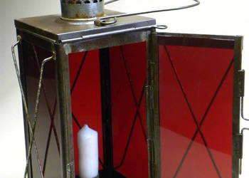 Stara lampa świecowa latarnia na świecę czerwone szkło XIX/XX wiek zabytek