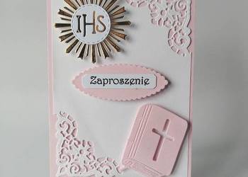 ZAPROSZENIA KOMUNIA DZIEWCZYNKA IHS Z KSIĄŻKĄ C6 RÓŻ - BIEL