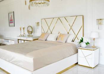 ŁÓŻKO IMPERIAL Glamour 180x200 Białe Welwet Złota Listwa + Pojemnik