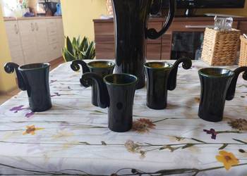 PRL zestaw Kasprowy szklanki i dzbanek 5+1 Fiedorowicz zieleń