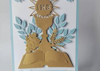 ZAPROSZENIA KOMUNIA KIELICH Z KSIĄŻKĄ CHŁOPIEC B6 BŁĘKIT - BIEL