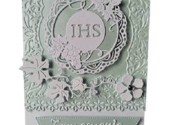 Zaproszenia Komunia Chłopiec Ihs Z Winogronem W Okręgu – B6 – Morski – Biel