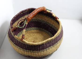 Piękny kosz Bolga 36cm ręcznie pleciony boho / koszyk z rączką skórzaną