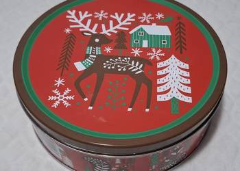 Pojemnik metalowy z pokrywką, okrągły, renifer, święta, 19,5x6,5cm (Kreatyw