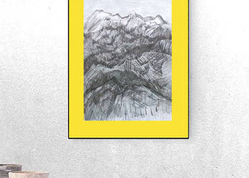 zólto szara grafika do domu, góry obraz 30x40, skandynawski