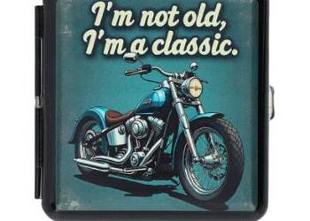 Metalowa Papierośnica z Nadrukiem Niebieskiego Motocykla w Stylu Retro