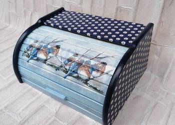 Chlebak z drewna decoupage jak Bolesławec sikorki prezent