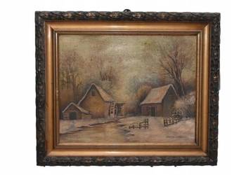 Wiktor Korecki - Wiejskie Chaty Zimą - Polska Zima - Obraz Olejny Płótno
