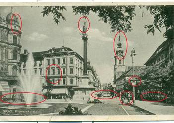 Graz Bismarckplatz Postkarte pomnik kościół tramwaj