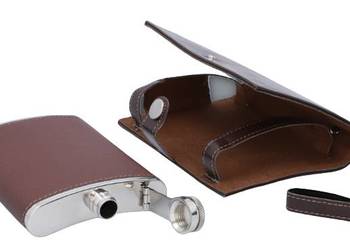 Piersiówka Stal Nierdzewna 8 OZ w Etui Metalowa Pokryta Brązową Skorą