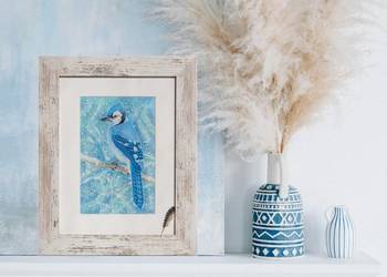 "Blue Jay" modrosójka błękitna, ptak, zima, akwarela Daniel Smith