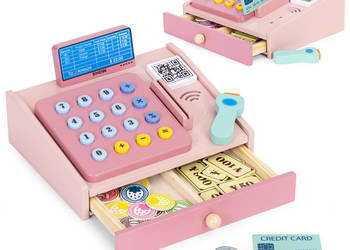 Drewniana kasa fiskalna dla dzieci skaner banknoty monety karta