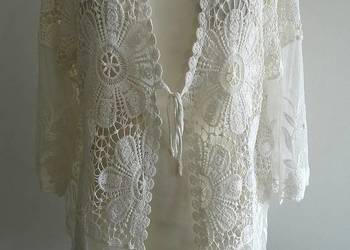 Kimono Tunika Plażowa Ażurowa Szydełkowa Haftowana Kremowa Narzutka M/L