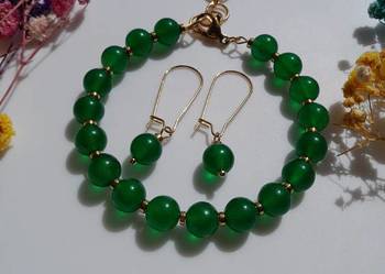 Pozłacana bransoletka i kolczyki z kamienia naturalnego zielony jade.