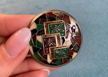 Nowa kolorowa wzorzysta okrągła broszka vintage USA Nowa kolorowa wzorzysta okrągła broszka vintage USA