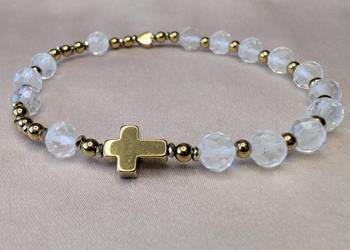 Bransoletka różaniec kamienie kryształ górski krzyżyk serduszko prezent pam