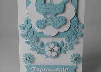 ZAPROSZENIA CHRZEST ŚWIĘTY WÓZEK W SERWETCE LIŚCIE C6 BŁĘKIT - BIEL