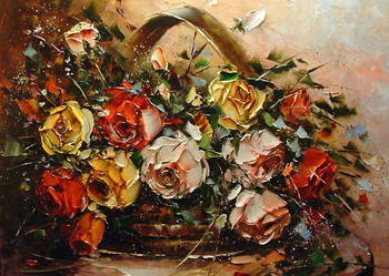 Kowalik - Róże w koszu - 60x50cm Kwiaty Obraz Olejny Martwa Natura