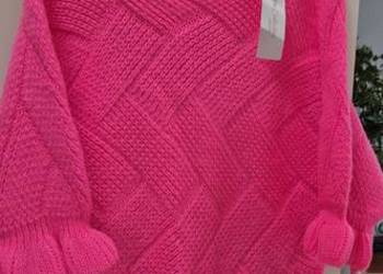Made In Italy Sweter Fuksja Wytlaczane Romby Rekaw Dzwonek 60%Wełna Moher