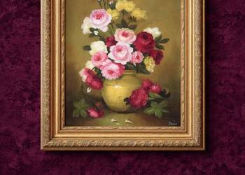 Stylowy Obraz Olej Płótno Kwiaty Bukiet 
Złota Drewniana Barokowa Rama 54 x