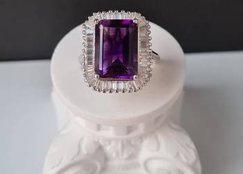 Pierścionek srebro 925 rodowane, ametyst marokański, moissanity