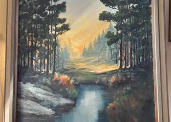 Słoneczny krajobraz z rzeką, obraz olejny, płótno