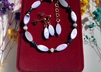 Bransoletka z naturalnej niebieskiej masy perłowej, akwamaryn, szafir.