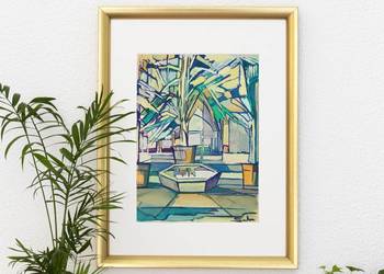 Palmiarnia, fontanna, obraz gwasz Saba ekspresjonizm 29 x 21