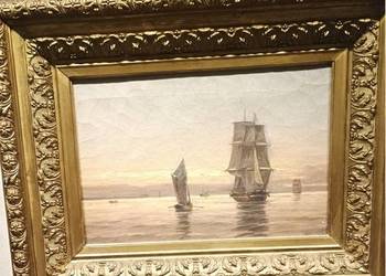 Olej na płótnie żaglowce podpisany XIX/XX złota rama 47,5/37,5cm