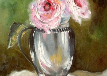 Obraz olejny "Róże w srebrnym pucharze"