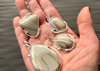 Komplet Krzemień Pasiasty Srebro 925 Artystyczny unikat rękodzieło