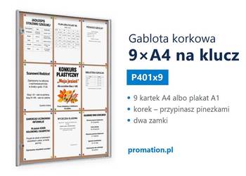 Gablota korkowa zamykana 9×A4 do szkoły, akademika i domu kultury P401x9