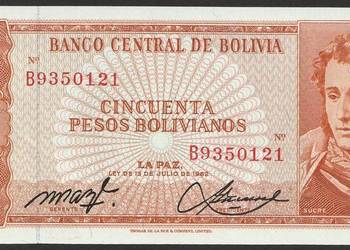 BOLIWIA 50 PESOS BOLIVIANOS 1962 - STAN BANKOWY UNC