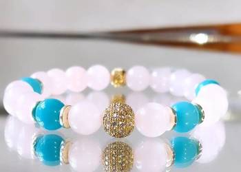 BRANSOLETKA KULA CYRKONIE KAMIEŃ KWARC RÓŻOWY AMAZONIT STAL 316L NA WYMIAR