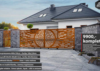 Brama przesuwna wjazdowa CORTEN 4m- rdza-Blacha z efektem rdzy -furtka