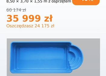 PROMOCJA Basen ogrodowy poliestrowy ZESTAW 8,5x3,70x1,55m basen z laminatu