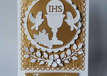 ZAPROSZENIA KOMUNIA UNIWERSALNE KIELICH Z WINOGRONEM GOŁĘBIE – B6 – ZŁOTO –